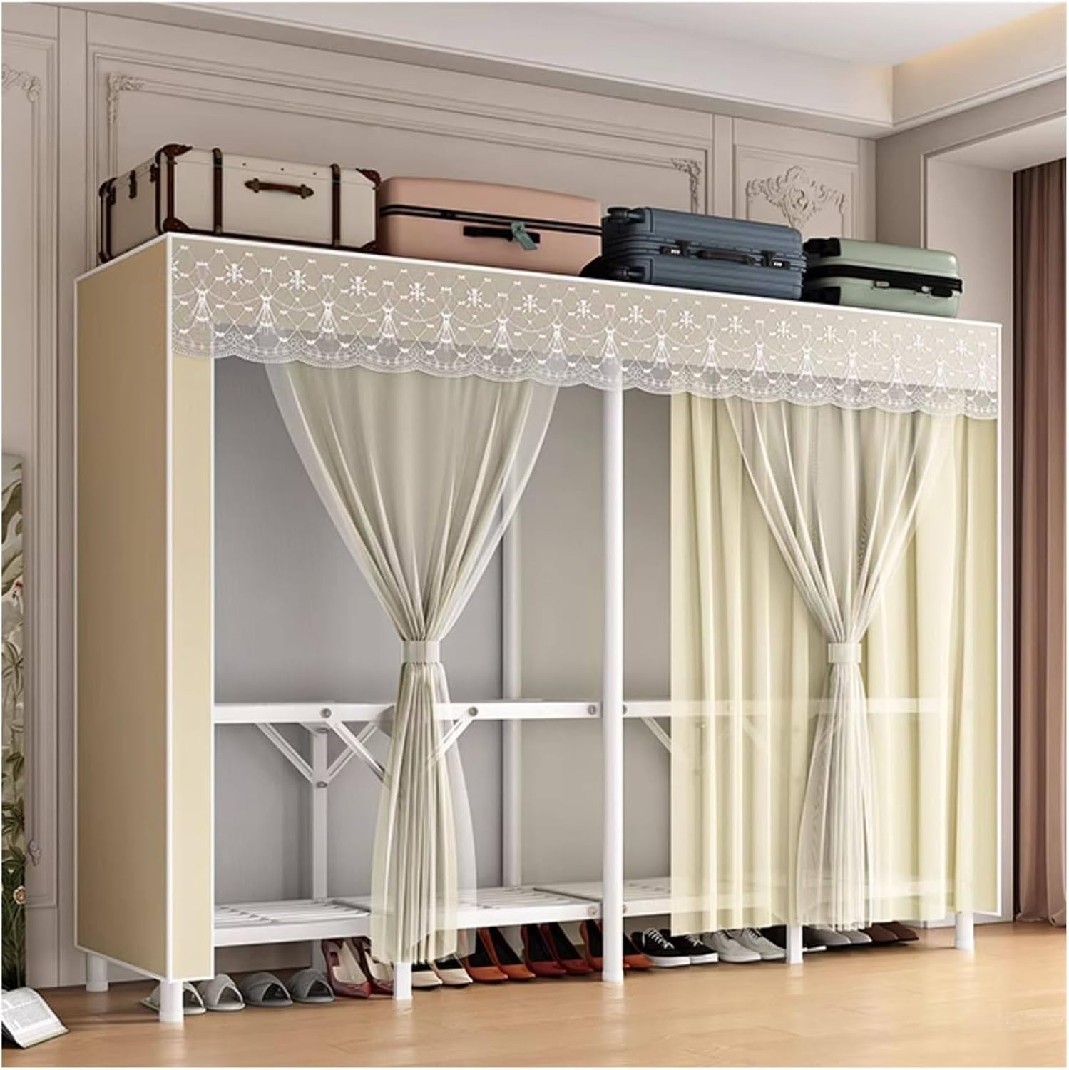 Heavy Duty Wardrobe Closet With Cover, Foldable Metal Clothes Shelves For Clothes Organizers Storage, Garment Rack For Hanging Clothes, Armoire For Bedroom, Apartment(B,100x45x170cm/39x18x67in)