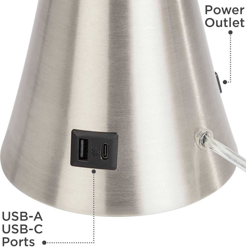 360 Lighting Karl 27 1/2' Tall Modern Table Lamps Set of 2 USB Port AC Power Outlet Silver Brushed Nickel Finish Metal Deep Blue Shade Living Room Charging Bedroom Bedside Nightstand House Office