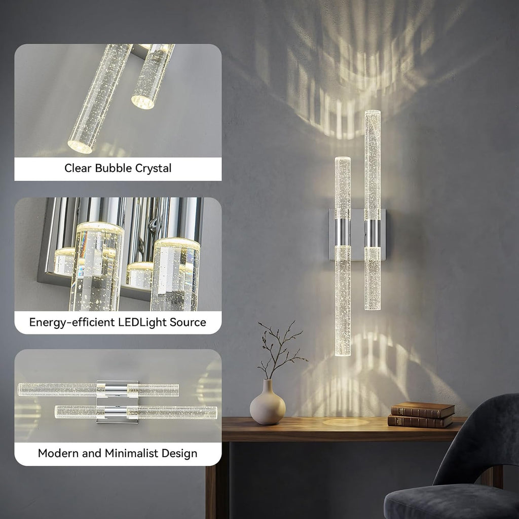 Crystal Wall Sconces Set of Two Chrome Wall Sconce Hardwired LED Bathroom Vanity Light Fixtures 21.25in 4000K Vertical and Horizontal Wall Mounted Sconces for Bedroom, Living Room, Hallway