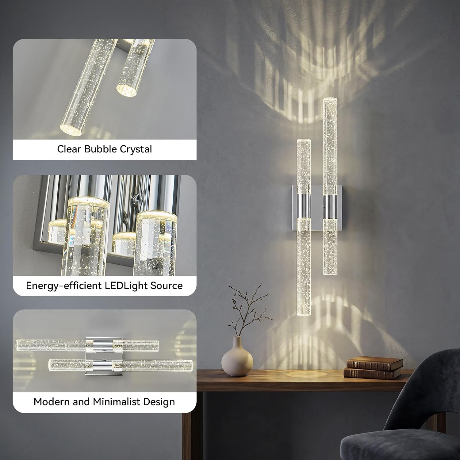 Crystal Wall Sconces Set of Two Chrome Wall Sconce Hardwired LED Bathroom Vanity Light Fixtures 21.25in 4000K Vertical and Horizontal Wall Mounted Sconces for Bedroom, Living Room, Hallway