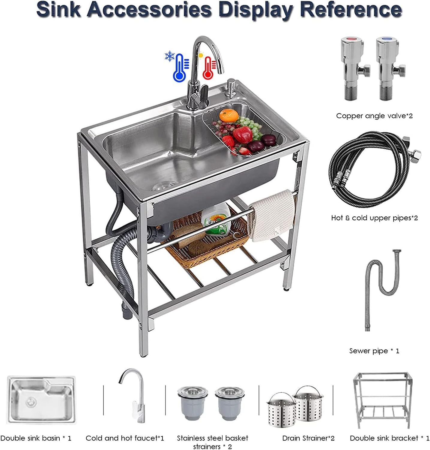 Commercial Kitchen Sink, Stainless Steel Free Standing 1 Compartment Workbench Sink, with Hot Cold Water Pipes Tap Anti-Overflow for Outdoor Laundry Room Bar Restaurant