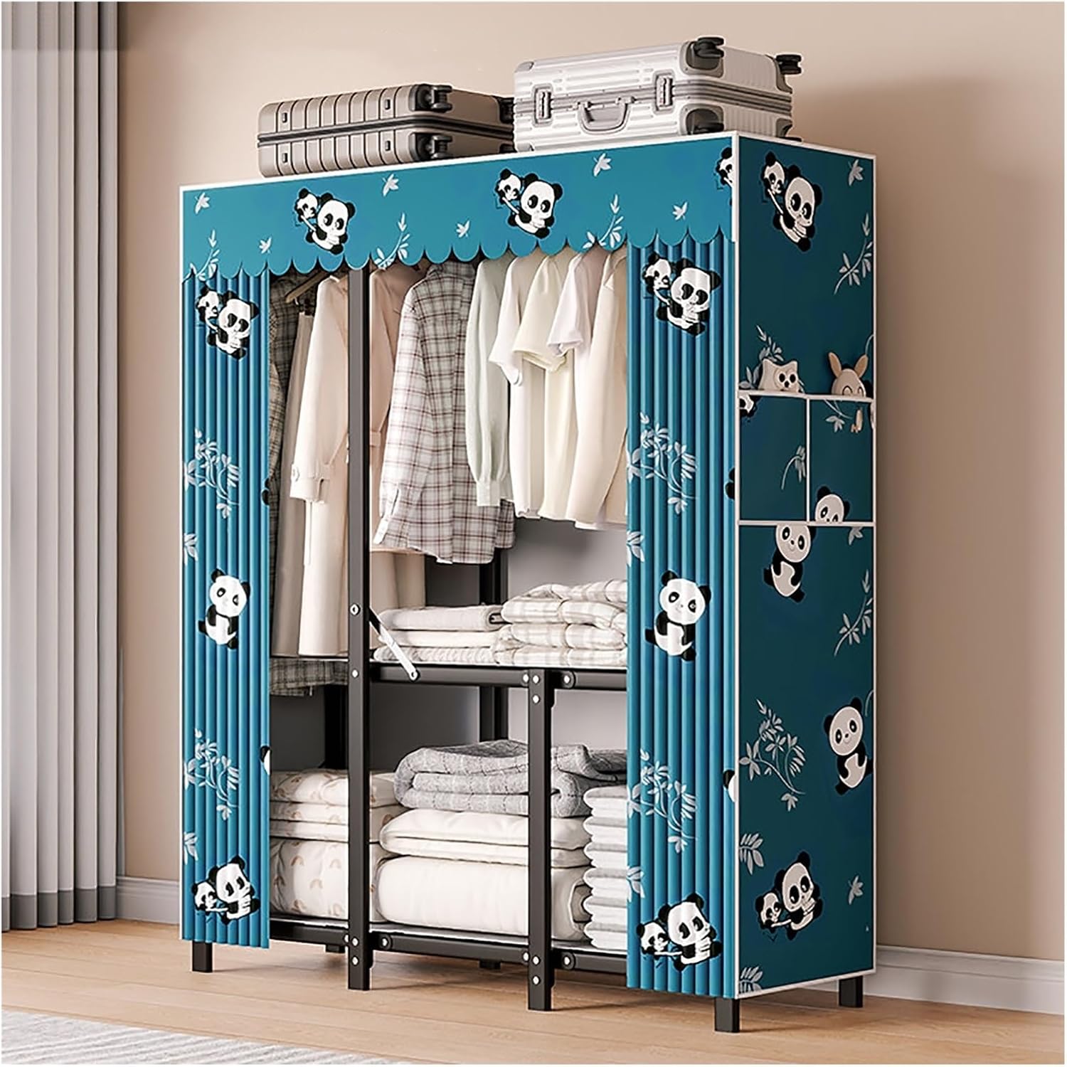 Foldable Portable Wardrobe Closet, Freestanding Covered Metal Clothes Rack with Cover, Heavy Duty Garment Rack for Hanging Clothes, Storage Organizer(Blue,110cm/43.3inch)