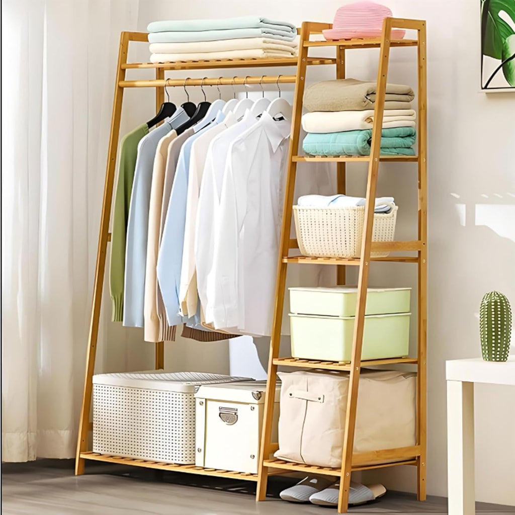 Bamboo Clothing Garment Rack Free Standing Clothes Coat Hanger Closet Organizer Multi-tiered Wardrobe Storage Shelves,Clothes Hanging Racks for Hall Living Room Bedroom Entryway,C,110cm