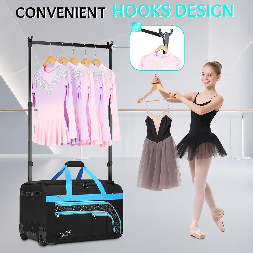 Dance Bag with Garment Rack - 23 Inch Professional Dance Competition Duffle Bag with Rack - Wheeled Dance Suitcase with Multiple Pockets for Dancers, Athlete, Travelers, and Livestreamer