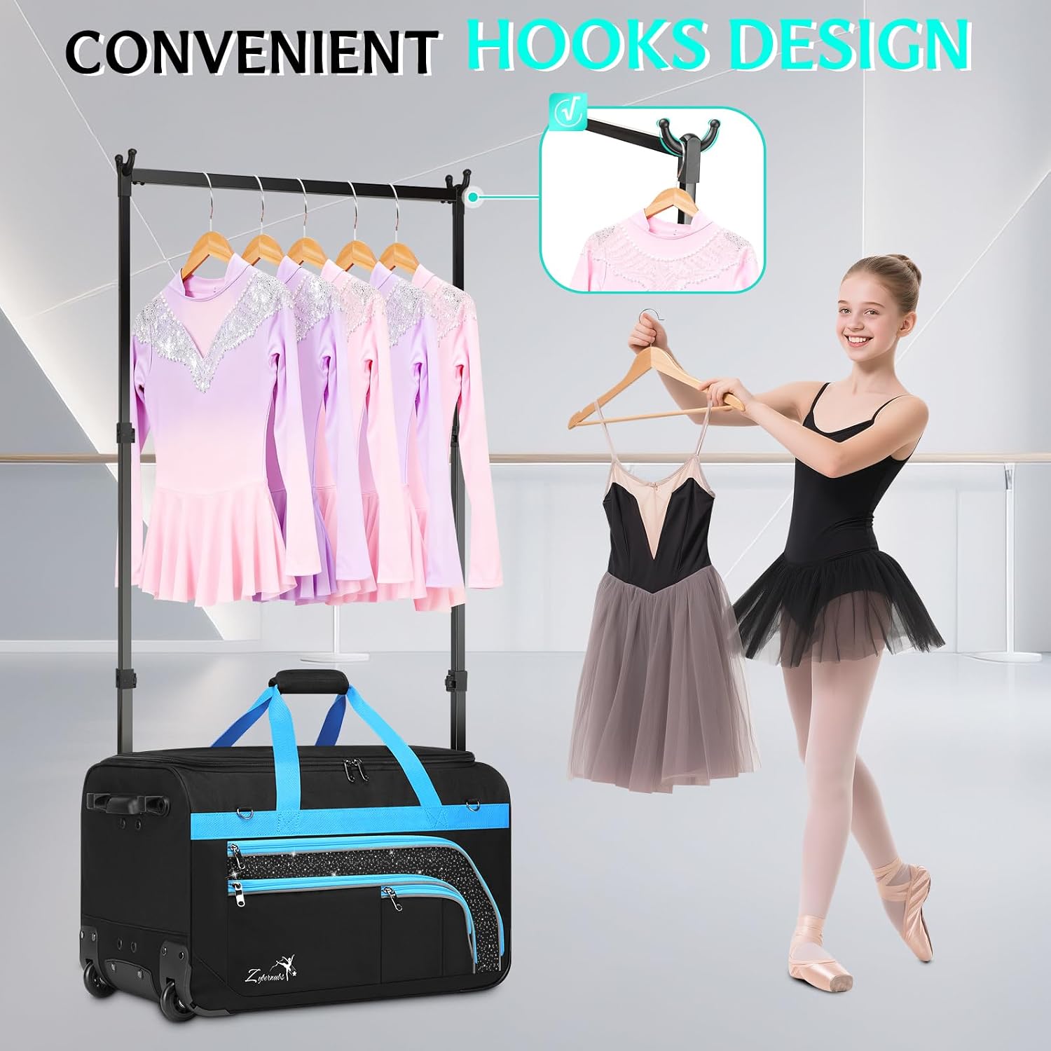 Dance Bag with Garment Rack - 23 Inch Professional Dance Competition Duffle Bag with Rack - Wheeled Dance Suitcase with Multiple Pockets for Dancers, Athlete, Travelers, and Livestreamer