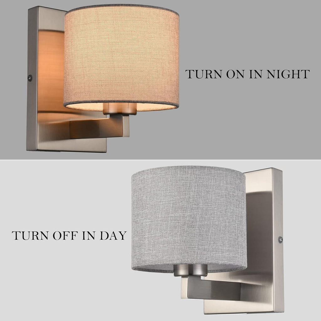 SAMTEEN Modern Wall Sconces Set of Two Brushed Nickel Sconces Wall Lighting 1-Light Drum Wall Sconce Fabric Shade Wall Lamps for Bedroom Hallway Living Room Bathroom