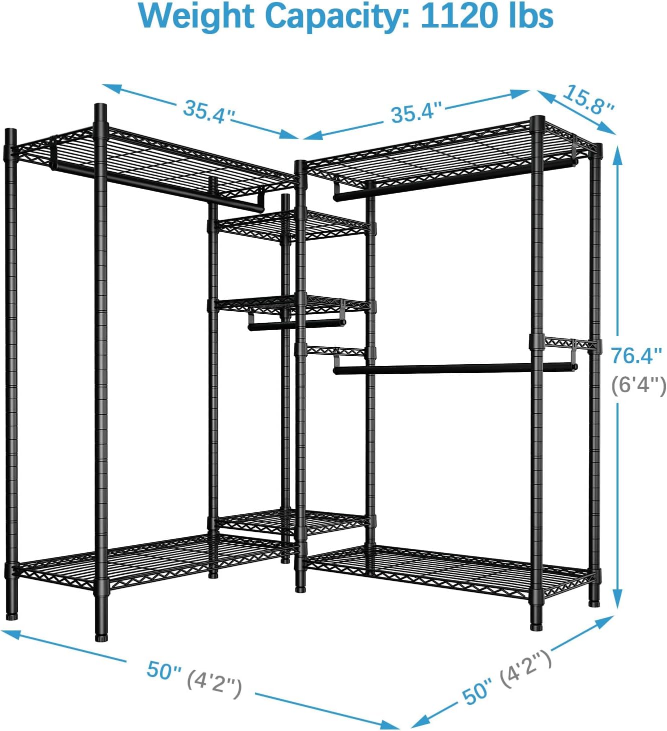 VIPEK L6 Plus Garment Racks Heavy Duty Clothes Rack Corner Closet Racks L Shaped Clothing Rack for Hanging Clothes, 5-Tier Freestanding Closets with 7 Adjustable Shelves, Max Load 1200LBS, Black