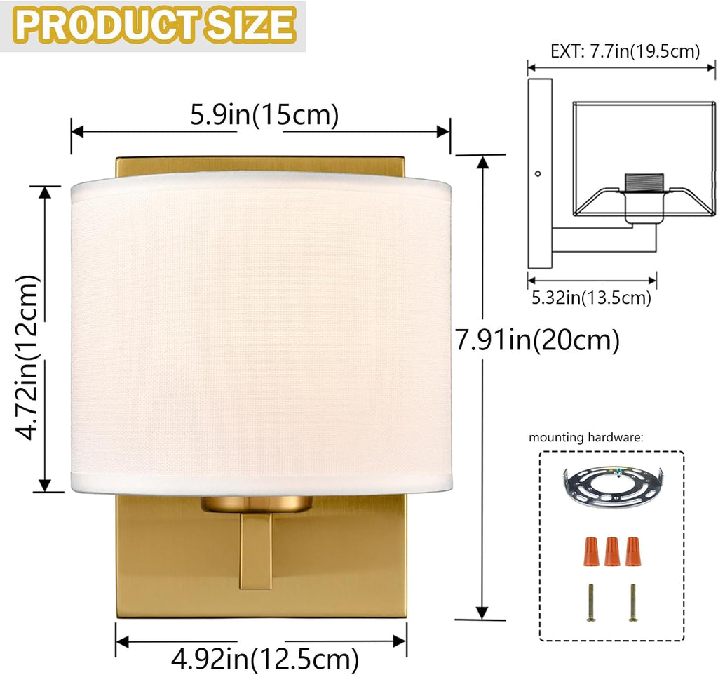 SAMTEEN Gold Wall Sconces Set of Two Mid Century Modern Brass Sconces Wall Lighting with Drum Shade Wall Lamp for Bedroom Hallway Foyer Living Room