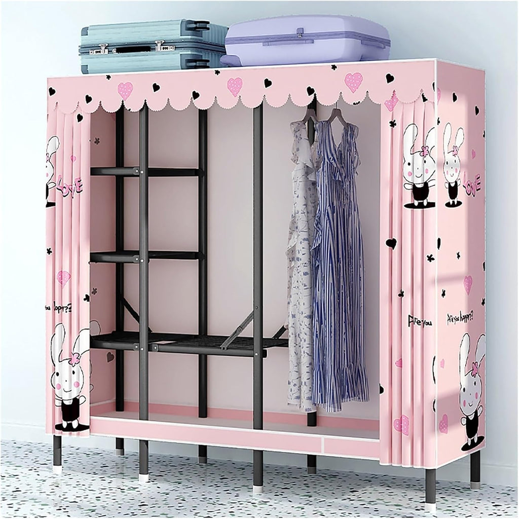 Heavy Duty Portable Wardrobe Closet With Cover, Freestanding Garment Rack For Hanging Clothes, Metal Clothes Rack, Foldable Closet Organizer, For Bedroom, Living Room(Pink,188cm/74inch)