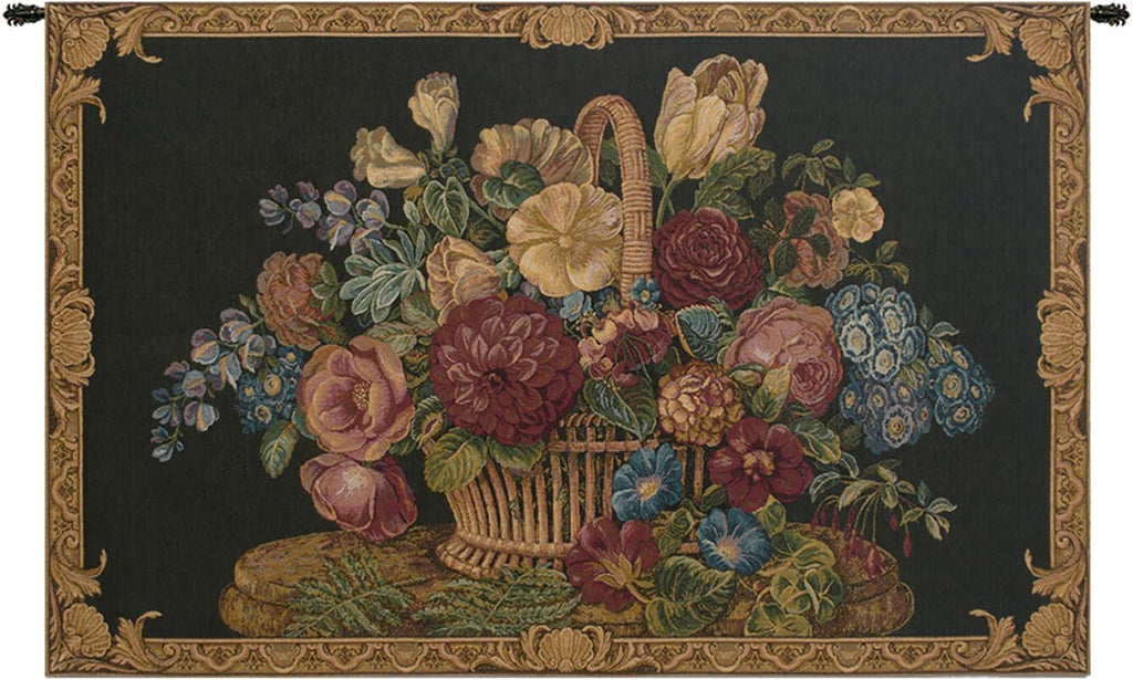 Charlotte Home Furnishings Italian Tapestry Wall Hanging 24x 42 in Flower Basket Black Wall Art Floral Tapestry for Bedroom Aesthetic Living Room and Home Decor European Soft Cotton Jacquard Woven