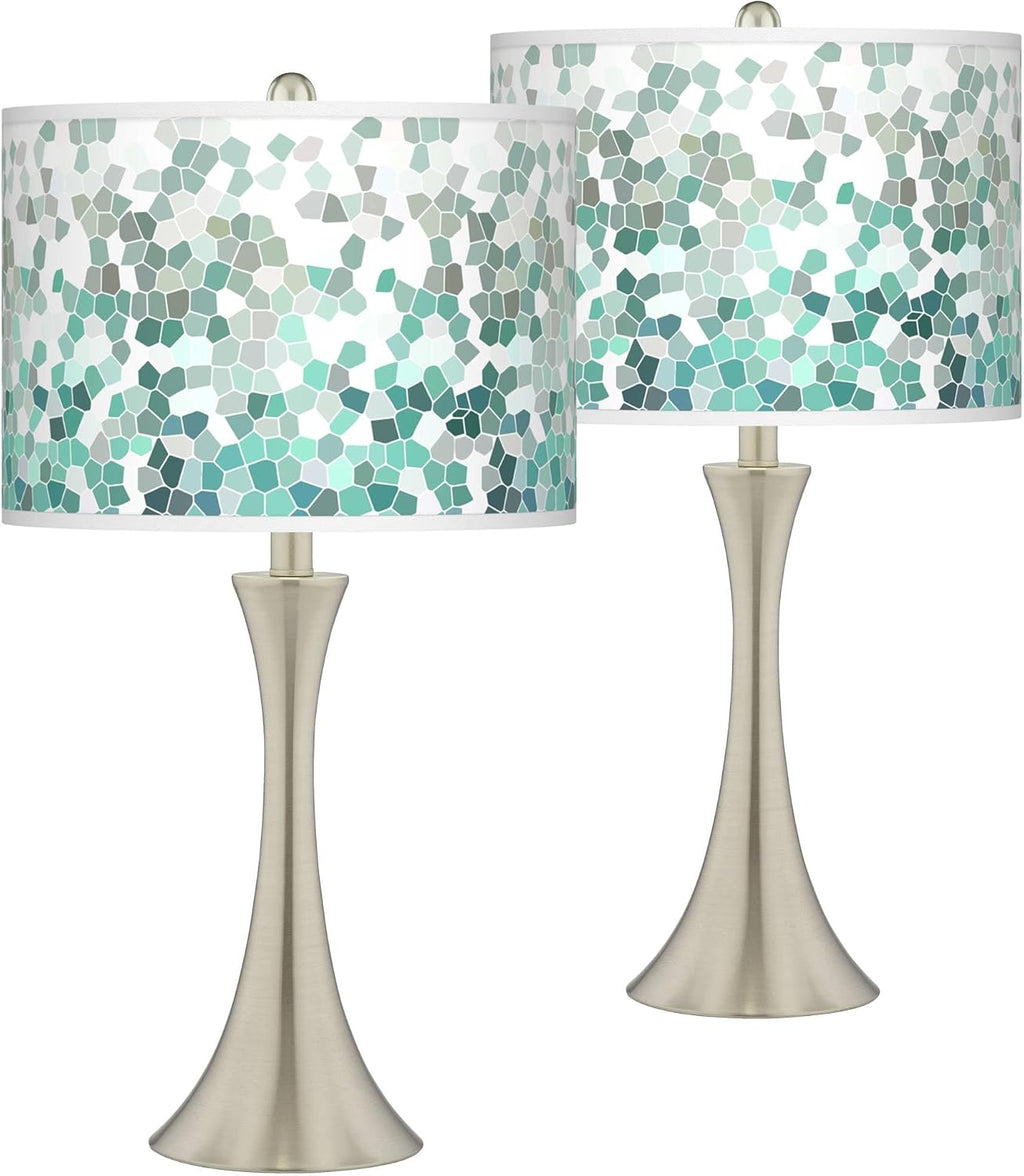Giclee Glow Trish 24' High Modern Accent Table Lamps Set of 2 Touch Silver Brushed Nickel Finish Metal Blue Aqua Mosaic Shade Living Room Bedroom Bedside Nightstand House Office Home Reading