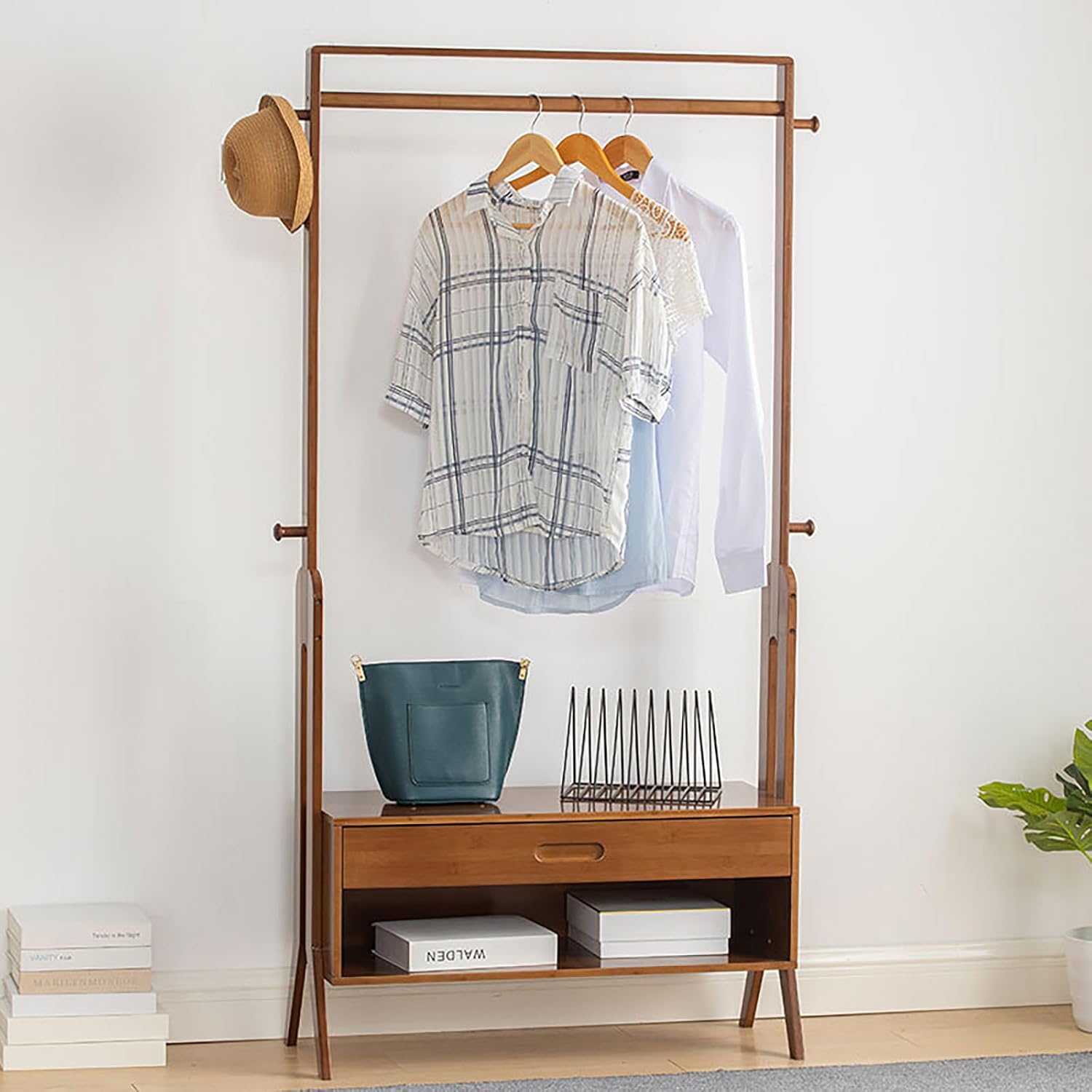 Bamboo Garment Coat Clothes Hanging Rack with Drawer Organizer Shelves, Multi-functional Clothing Storage Rack With Hooks for Bedroom, Laundry Room, Living-room