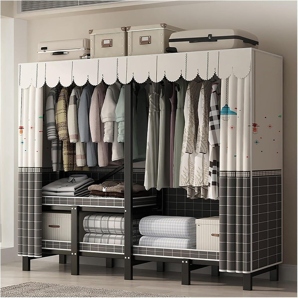 Heavy Duty Portable Wardrobe Closet With Cover, Metal Clothing Organizer For Bedroom, Foldable Garment Rack For Hanging Clothes, Clothes Rack Covered(Grey,130cm/51.2inch)