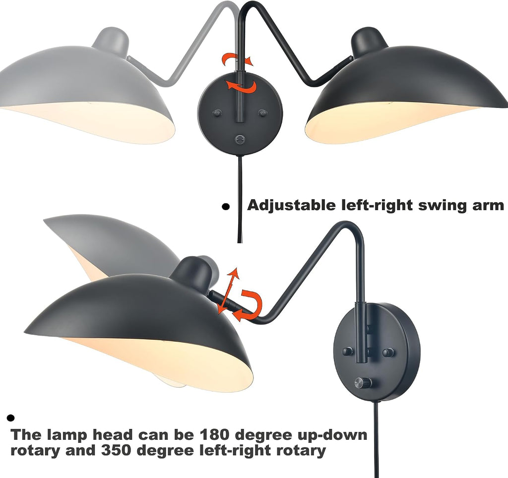 Plug in Wall Light Black Plug in Wall Sconces Set of 2 Swing Arm Wall Lamp Bedsides Hardwired On/Off Switch for Bedroom Living Room