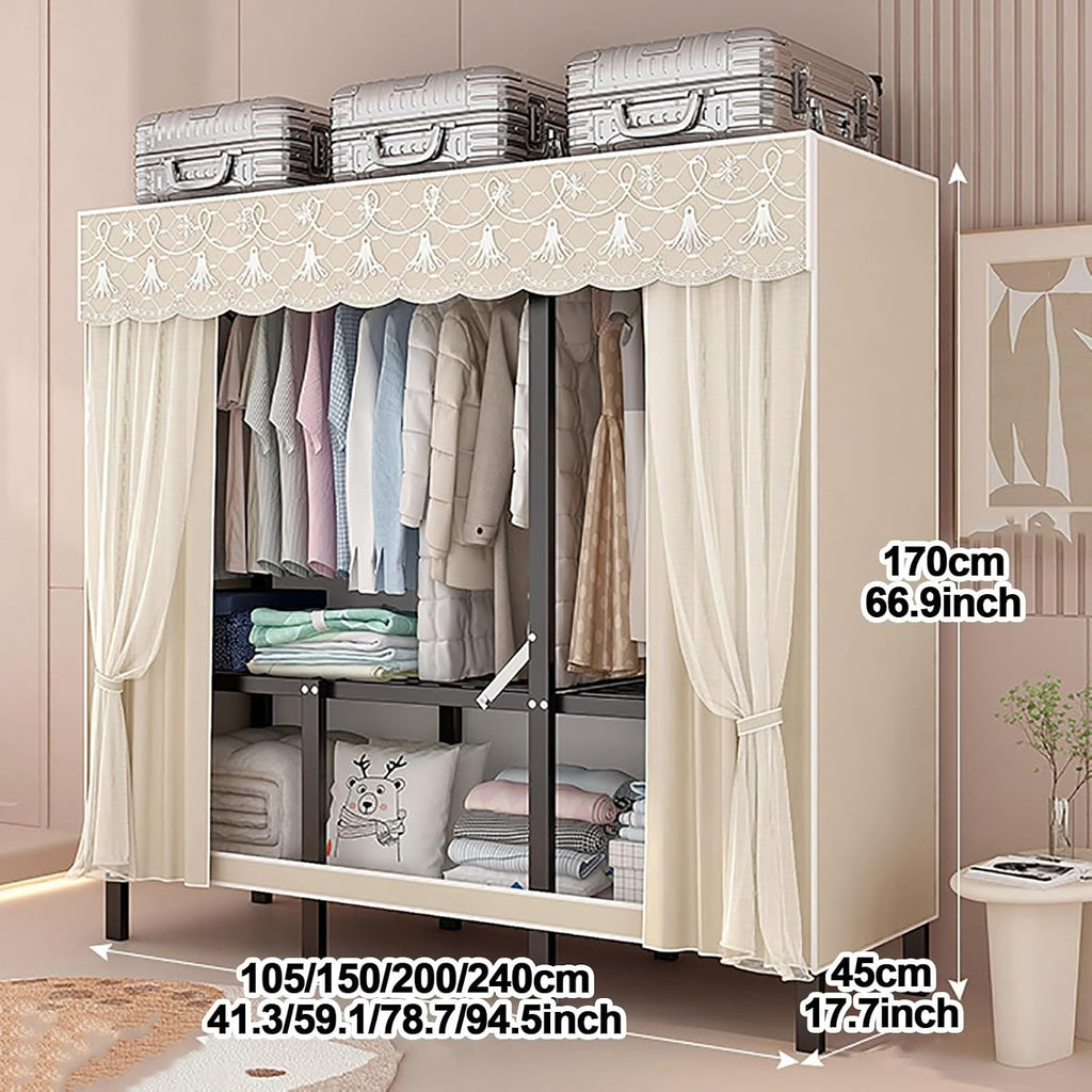 Foldable Closet Wardrobe, Heavy Duty Portable Metal Clothing Rack With Cover, Closet Organizer, Freestanding Armoire Storage Garment Racks For Hanging Clothes(A,150cm/59.1in)