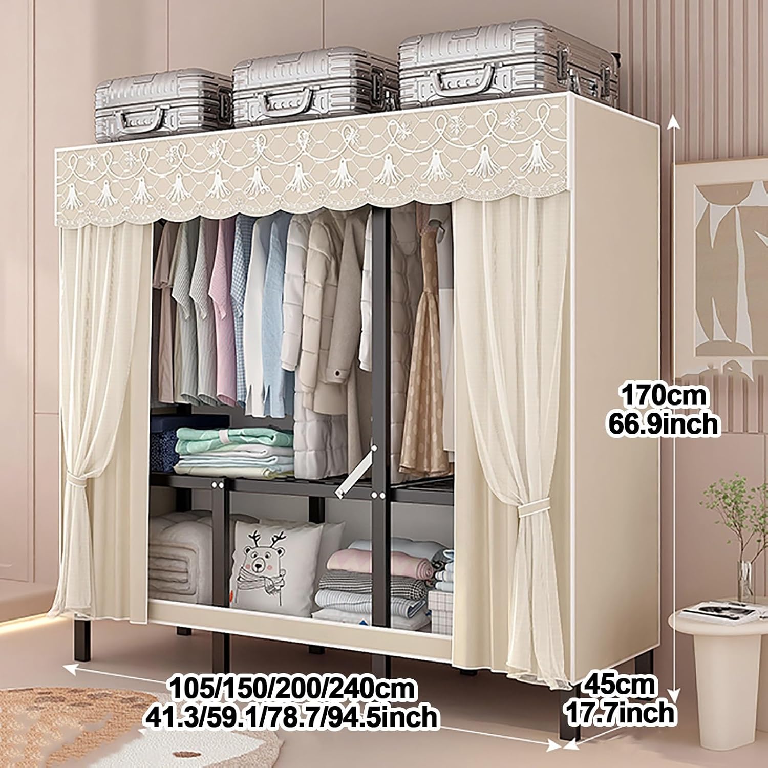 Foldable Closet Wardrobe, Heavy Duty Portable Metal Clothing Rack With Cover, Closet Organizer, Freestanding Armoire Storage Garment Racks For Hanging Clothes(A,150cm/59.1in)