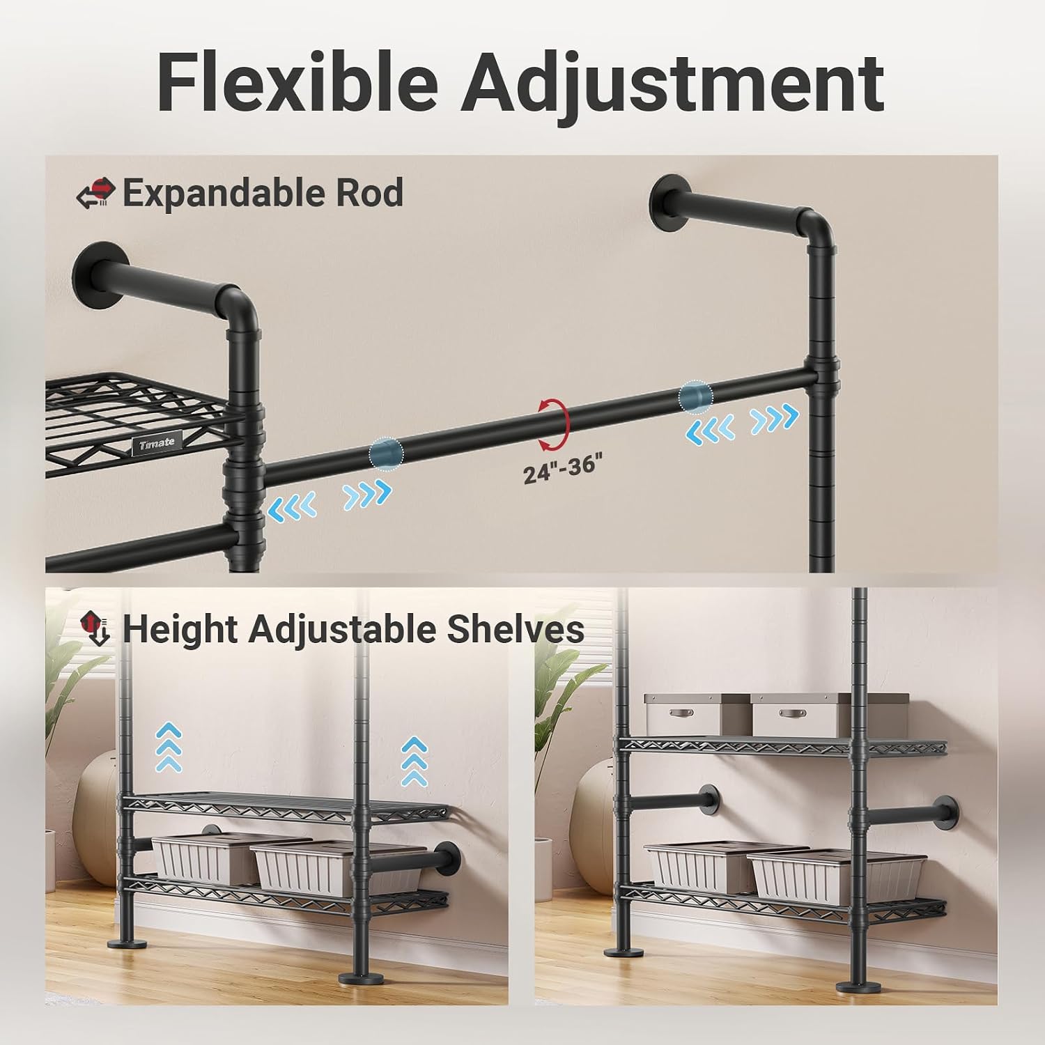 Timate L2 Wall Mounted Clothes Rack Industrial Pipe Clothing Rack for Hanging Clothes, Adjustable Expandable Garment Rack Heavy Duty Closet Organizer, Black Mounted Storage Industrial Closet System