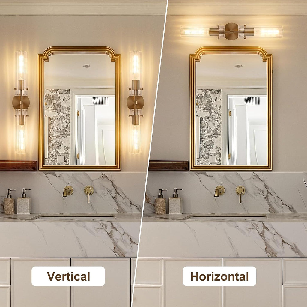 Brass Gold 2-Light Knurled Wall Sconce, Dual-Head Vanity Lamp with Vertical Striped Glass Tube, Bathroom Wall Sconces, Wall Lights for Living Room Bedroom Hallway Kitchen Bathroom Mirror