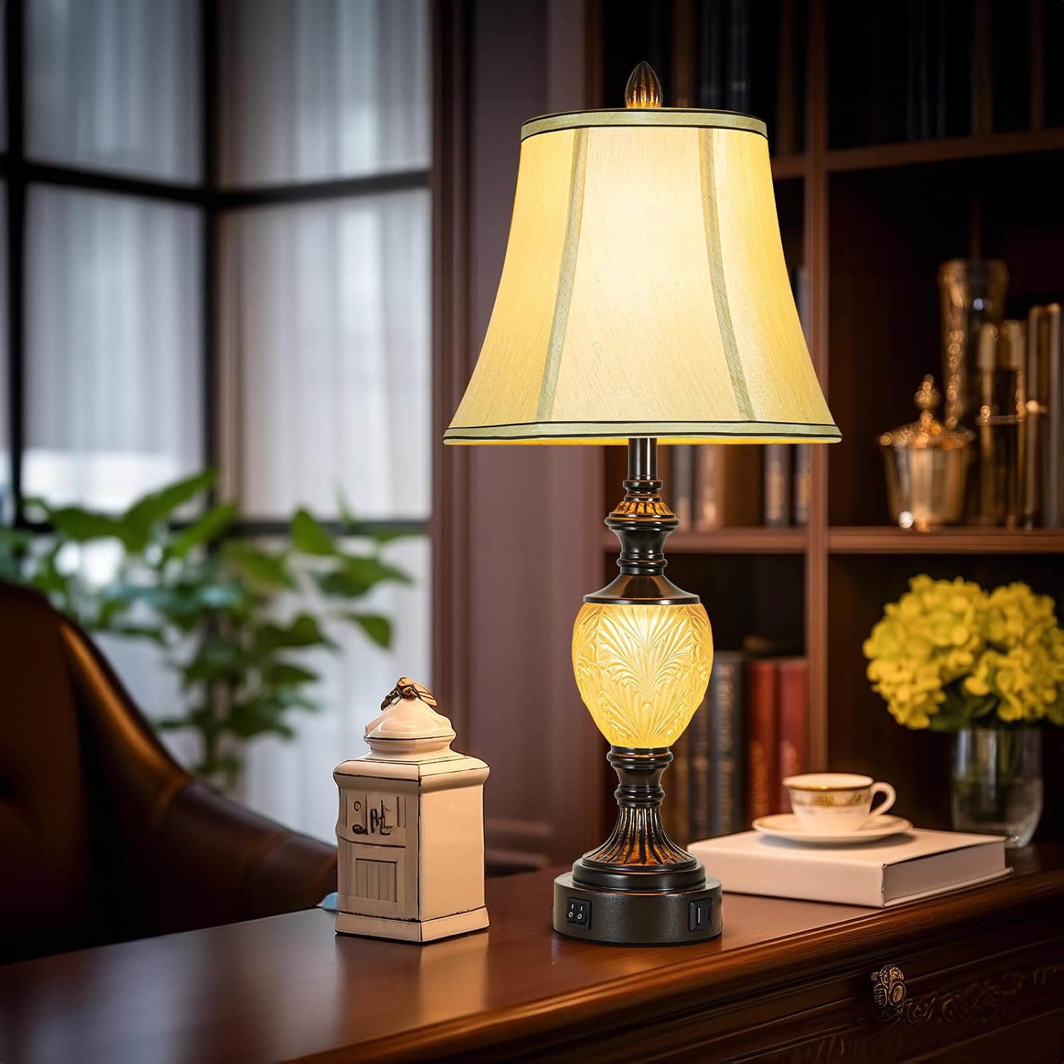 Vintage Farmhouse Lamp Set, 3-Piece Bundle, Includes 2 Table Lamps (27') and 1 Floor Lamp (64') with Faux Silk Shades, USB Charging Ports & Night Lights, for Living Room, Bedroom (Bulbs Included)