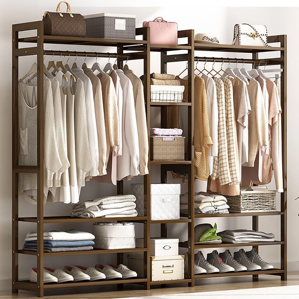 Bamboo Coat Stand with Storage Shelves and Compartments Portable Clothes Rack for Bedroom and Entryway