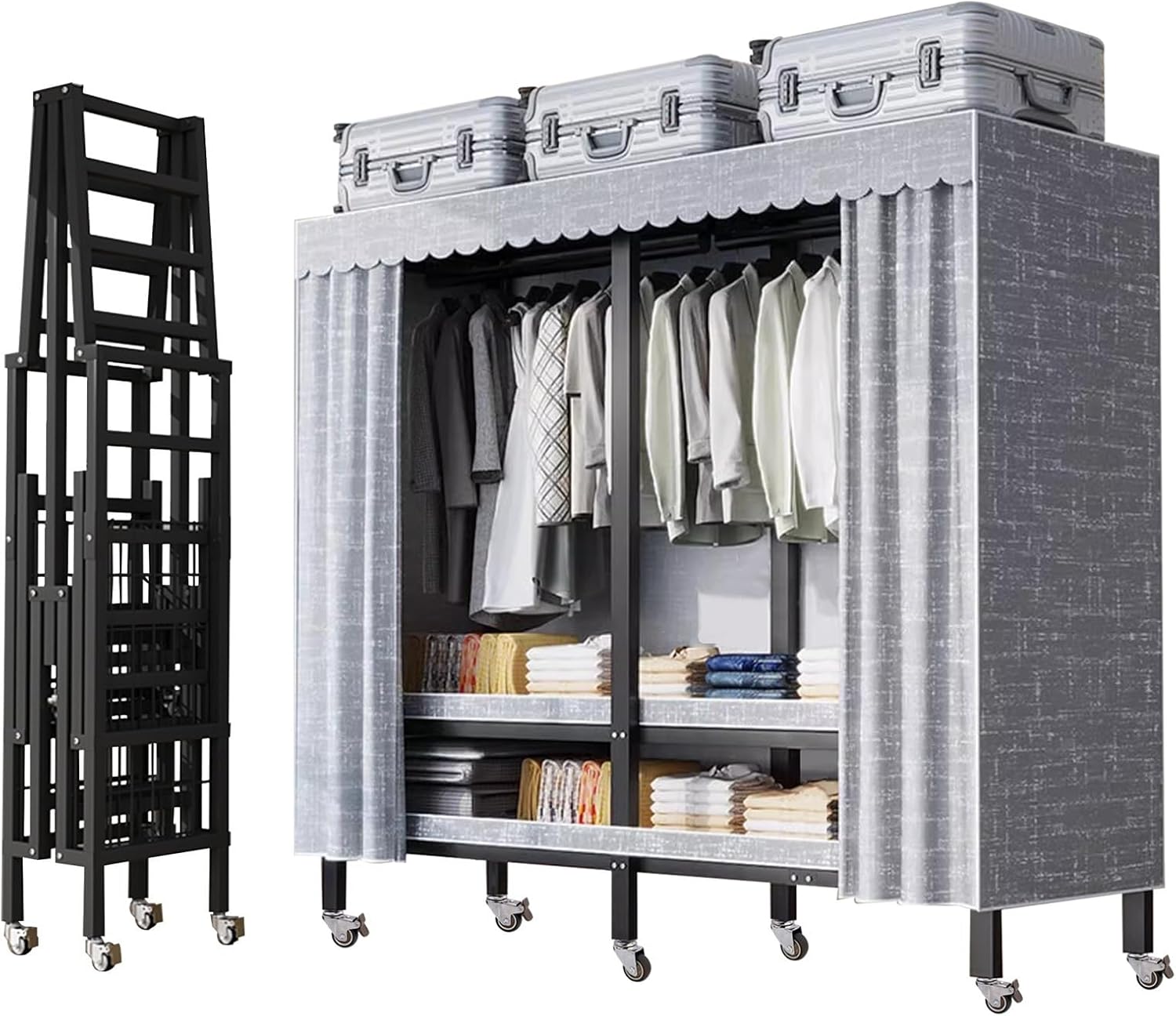 Heavy-Duty Portable Wardrobe Foldable Clothes Rack with Wheel and Cover - 2000lbs Load Capacity - Freestanding Rolling Garment Rack for Hanging Clothes - Bedroom Armoires Clothing Coat Storage Rack