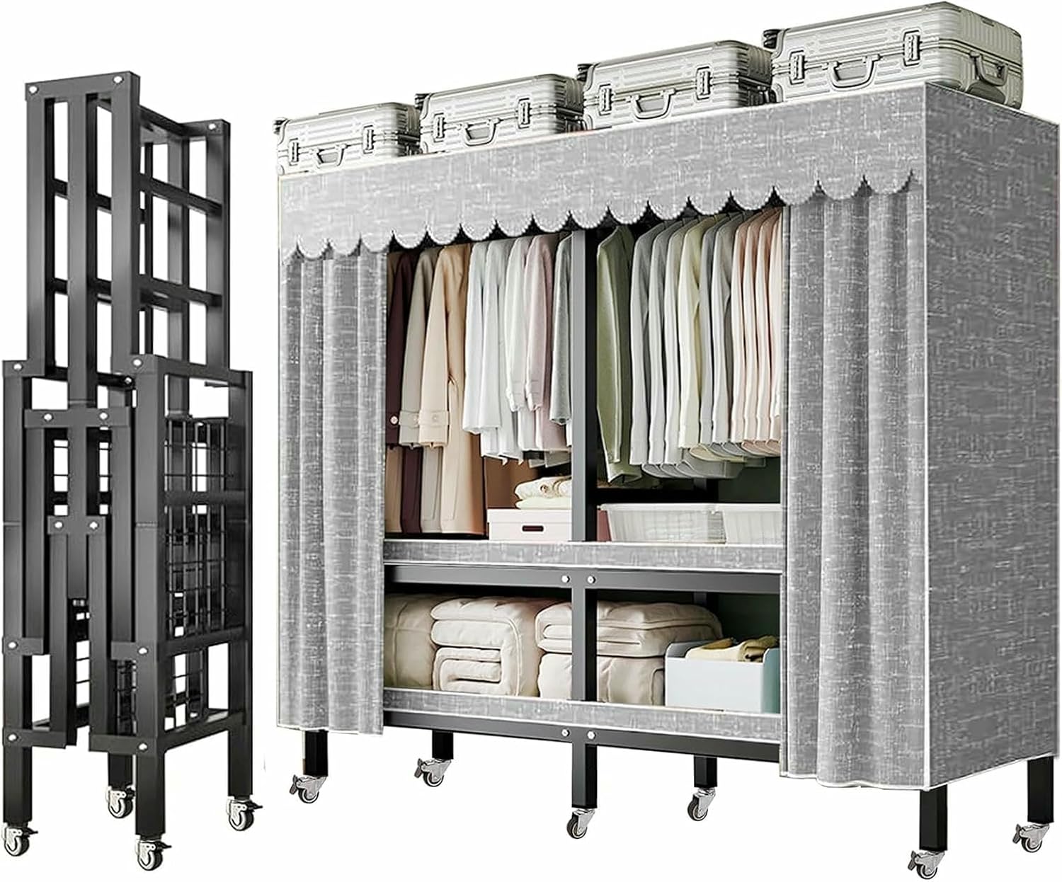 Metal Wardrobe Rack - Heavy Duty Foldable Wardrobe Closet with Cover 1200lbs Garment Rack for Hanging Clothes Covered Clothing Coat Storage Organizer