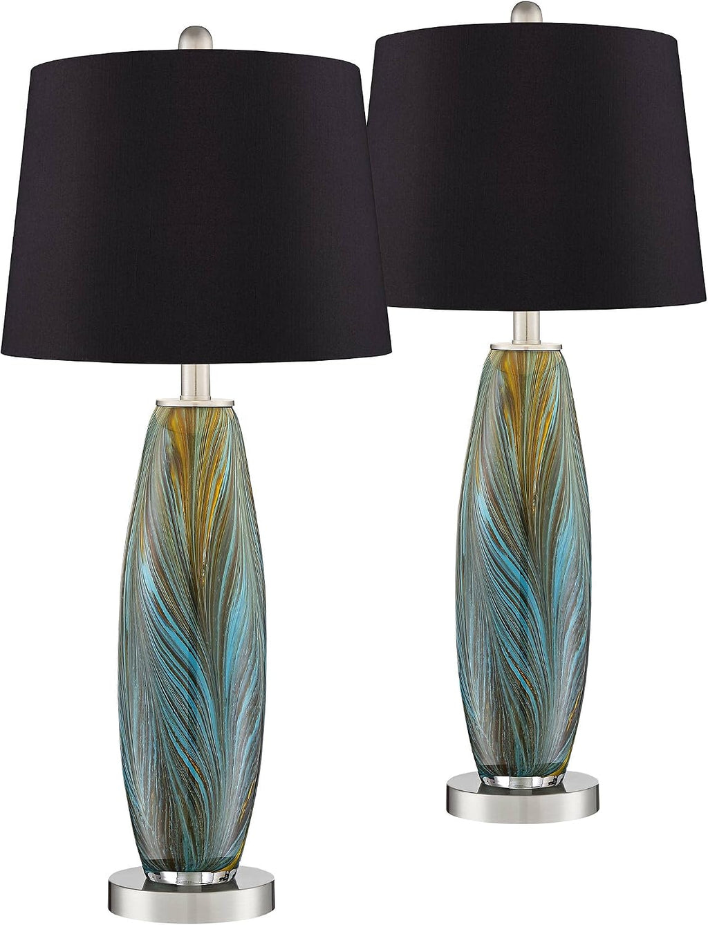 360 Lighting Azure Modern Table Lamps 26.75' High Set of 2 Blue Brown Art Glass Brushed Nickel Metal Black Fabric Drum Shade Decor for Living Room Bedroom House Bedside Nightstand Home