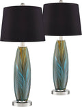 360 Lighting Azure Modern Table Lamps 26.75' High Set of 2 Blue Brown Art Glass Brushed Nickel Metal Black Fabric Drum Shade Decor for Living Room Bedroom House Bedside Nightstand Home