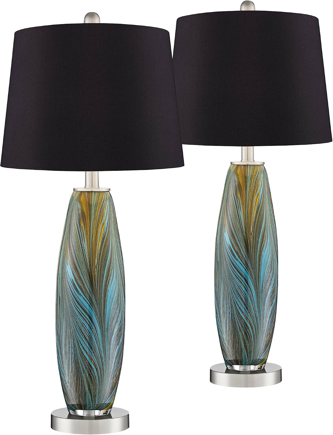 360 Lighting Azure Modern Table Lamps 26.75' High Set of 2 Blue Brown Art Glass Brushed Nickel Metal Black Fabric Drum Shade Decor for Living Room Bedroom House Bedside Nightstand Home