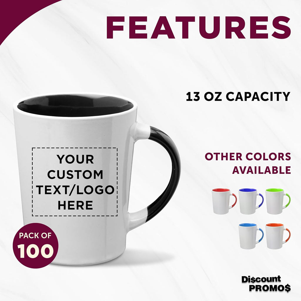 Custom Ceramic Latte Coffee Mugs by Albany 13 oz. Set of 100, Personalized Bulk Pack - Perfect for Coffee, Tea, Espresso, Hot Cocoa, Other Beverages - Black
