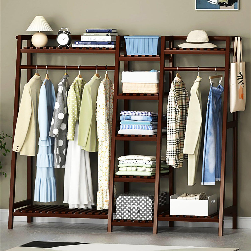 Bamboo Freestanding Clothing Rack - Large Garment Storage Organizer with Shelves, Brown, 130cm - Ideal for Hanging Clothes & Shoes, Stylish Wardrobe Solution