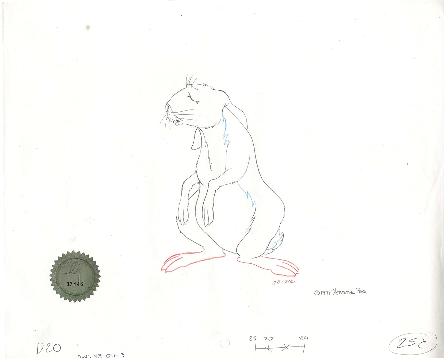 Watership Down 1978 Production Animation Cel Drawing of Cowslip with Linda Jones Seal and Certificate of Authenticity 011-003