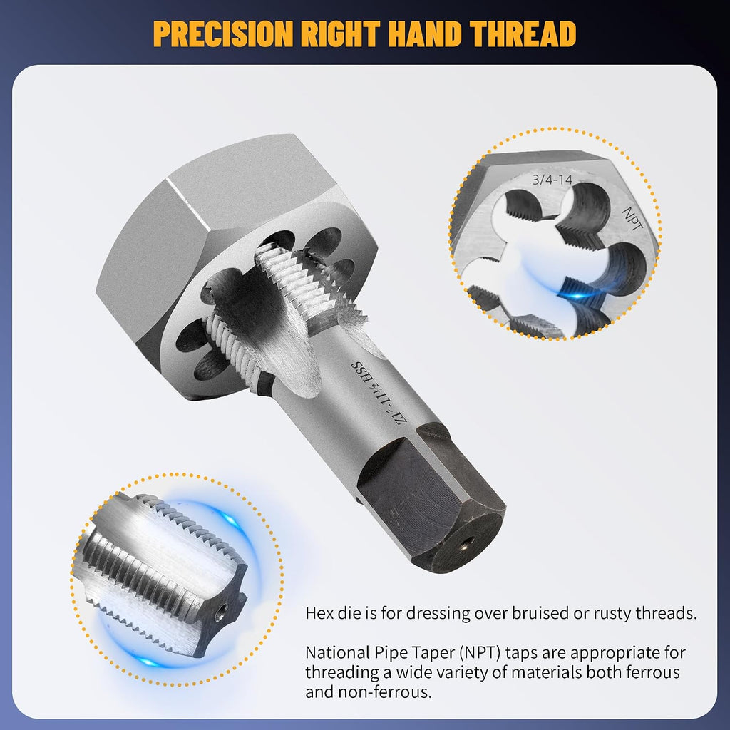 NPT Pipe Tap and Die Set, Hex Die Set 1/16', 1/8', 1/4', 3/8', 1/2', 3/4' and 1', 15pcs High Speed Steel Taps Carbon Steel Dies