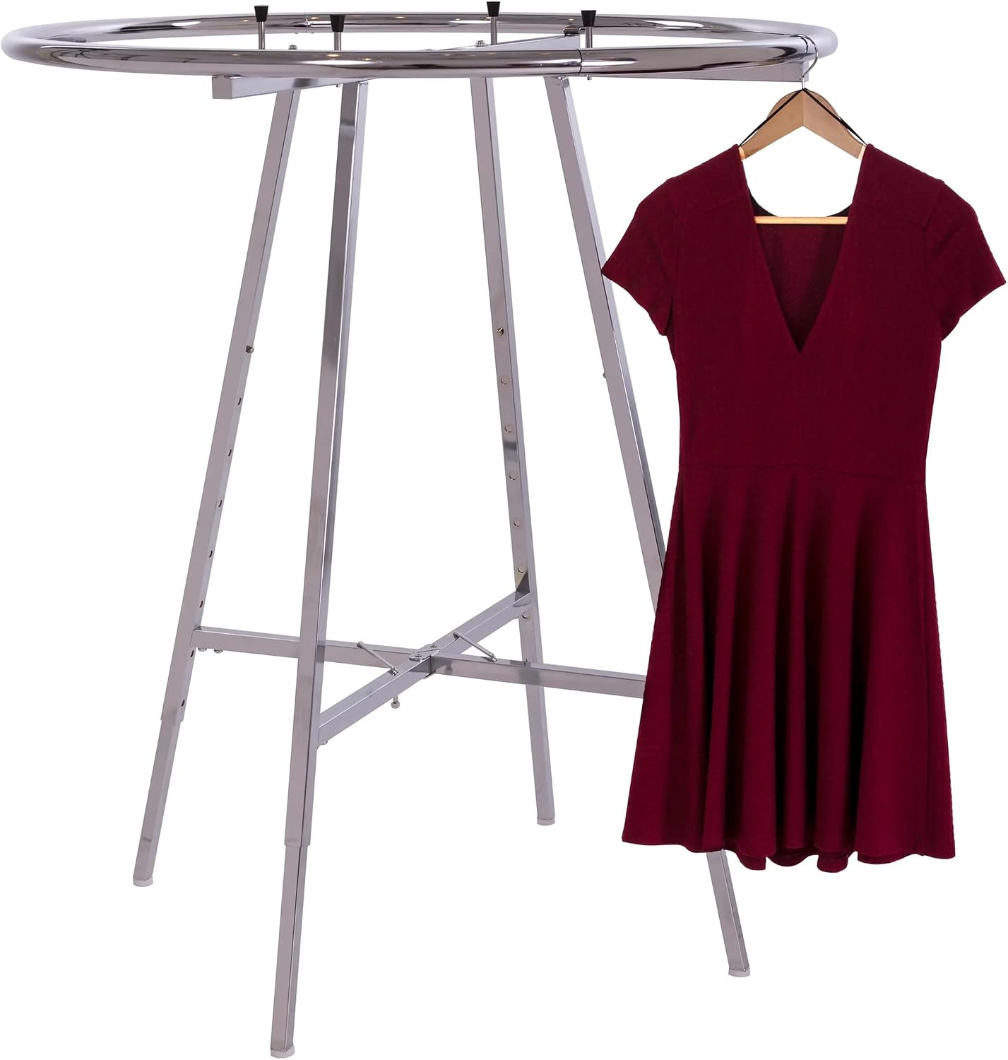 Econoco 42-Inch Folding Round Garment Rack, Adjustable 46–66″ Height Retail Display, Chrome Finish