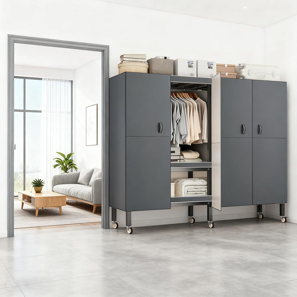 Foldable Portable Armoire Wardrobe Closet for Hanging Clothes Rack, Heavy Duty Covered Clothes Rack with Cover(HARDBOARD Magnetic), Closet Garment Rack for Bedroom Storage (KT Grey, 49.21in)