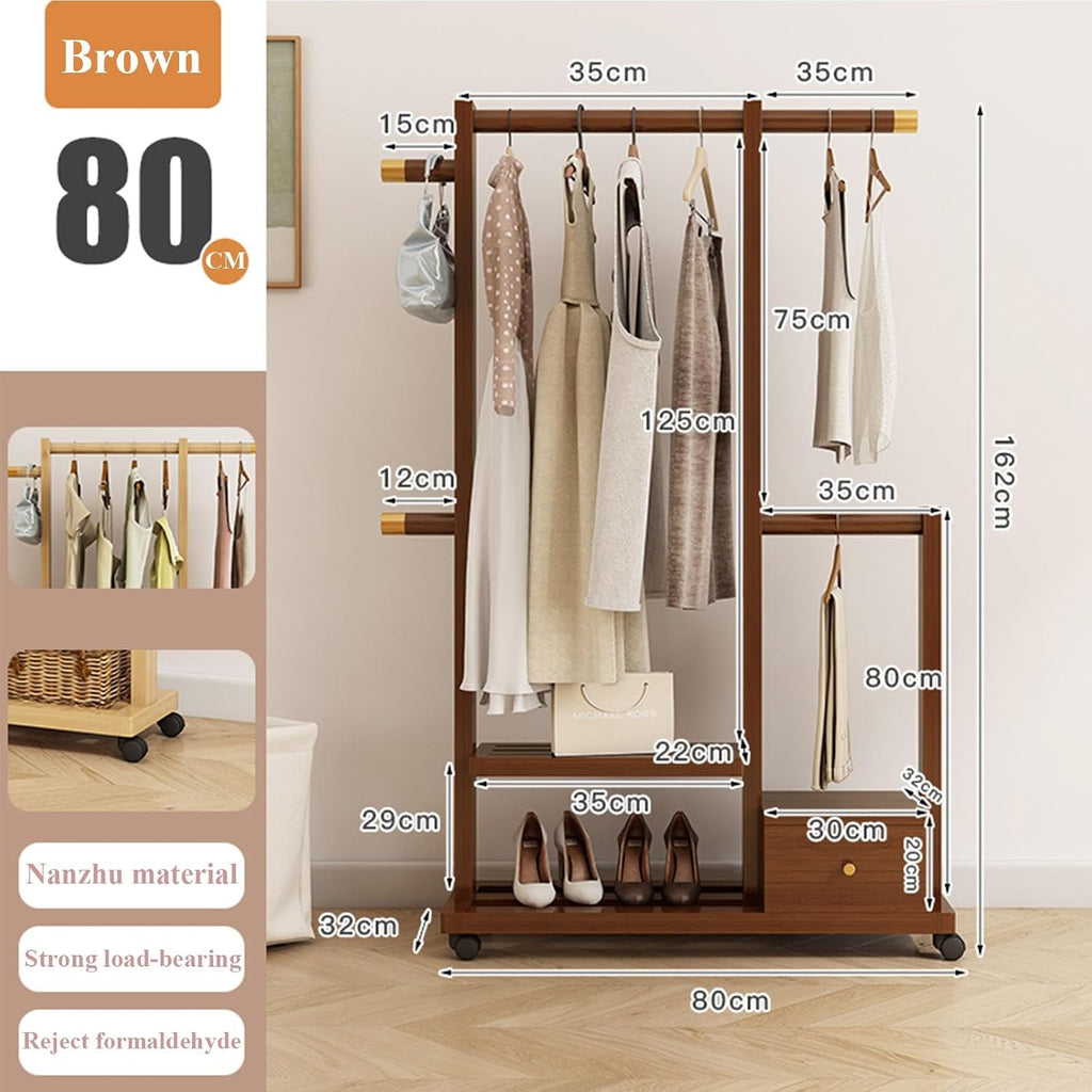 Clothes Organizer Stand On Wheels,entryway Coat Rack With Storage,Garment Racks For Hanging Clothes,bamboo Rolling Garment Rack,Multifunction Entry-way Coat Racks Stand For Bedroom Entryway(Color:Brow