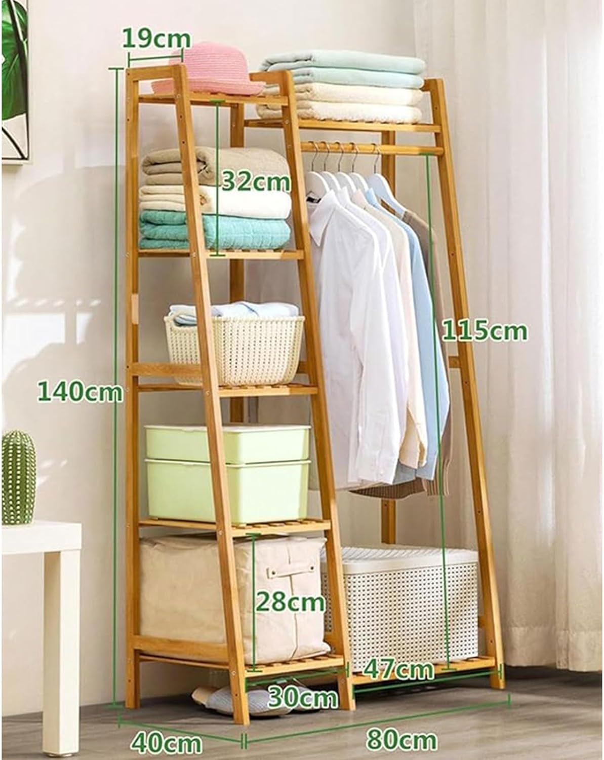 Bamboo Clothing Garment Rack, 5 Tier Clothes Storage Hanging Rack, Portable Wardrobe Closet Organizer Shoe Storage Shelves for Living Room Bedroom Hallway Entryway,A,80cm