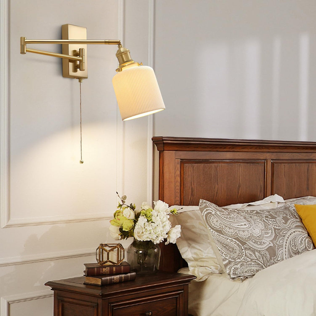Vintage Antique Brass Wall Sconces Set of Two Gold Modern Farmhouse Wall Lighting Indoor Wall Mount Swing Arm Lamps with Pull Chain Bathroom Sconces Set of 2 Milk Glass Wall Lights MWL14C-2