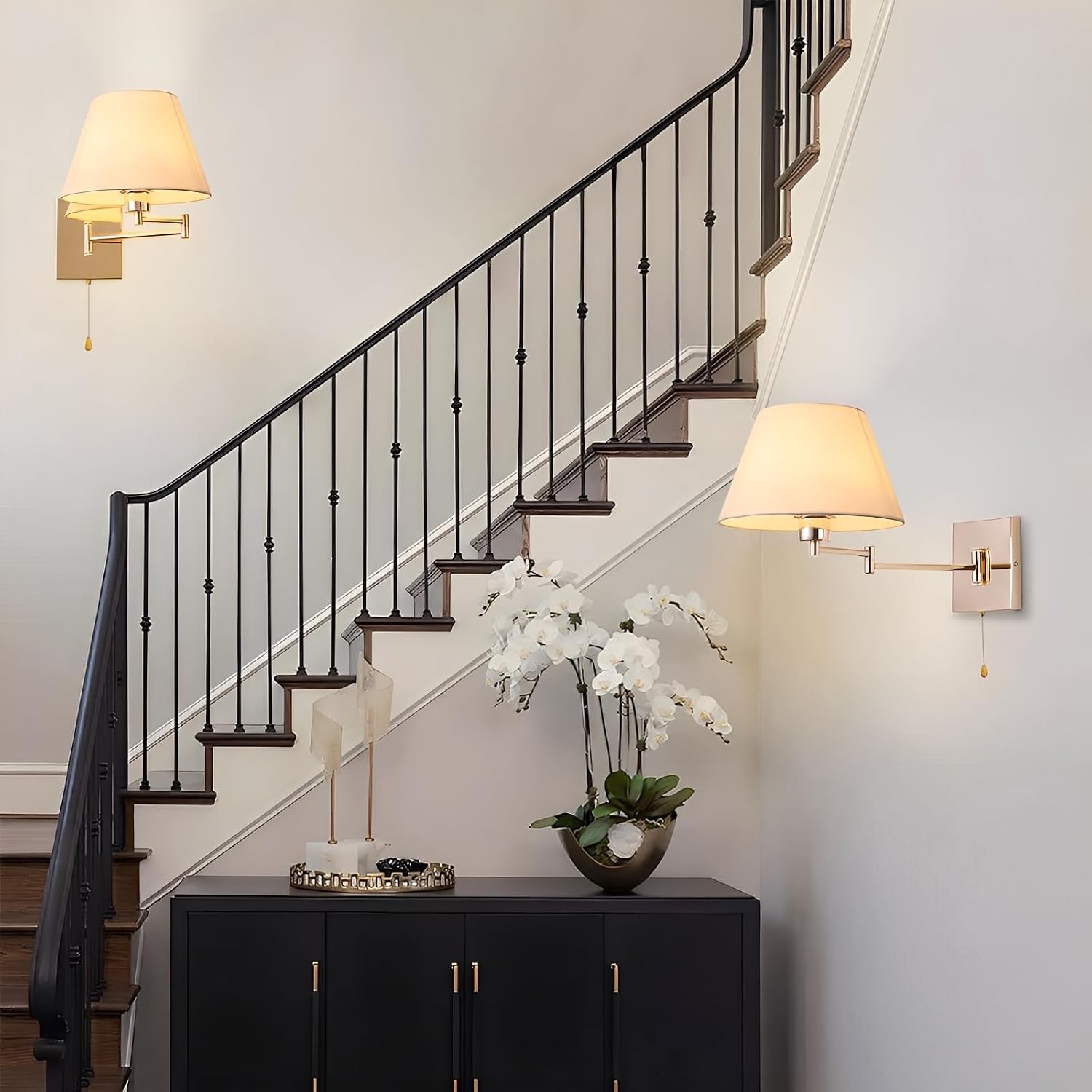 Swing Arm Wall Sconces Set of 2, Indoor Wall Lamp with White Beige Shade Reading Wall Light Fixture with On/Off Switch for Living Room Doorway Study Room Bedroom Bedside