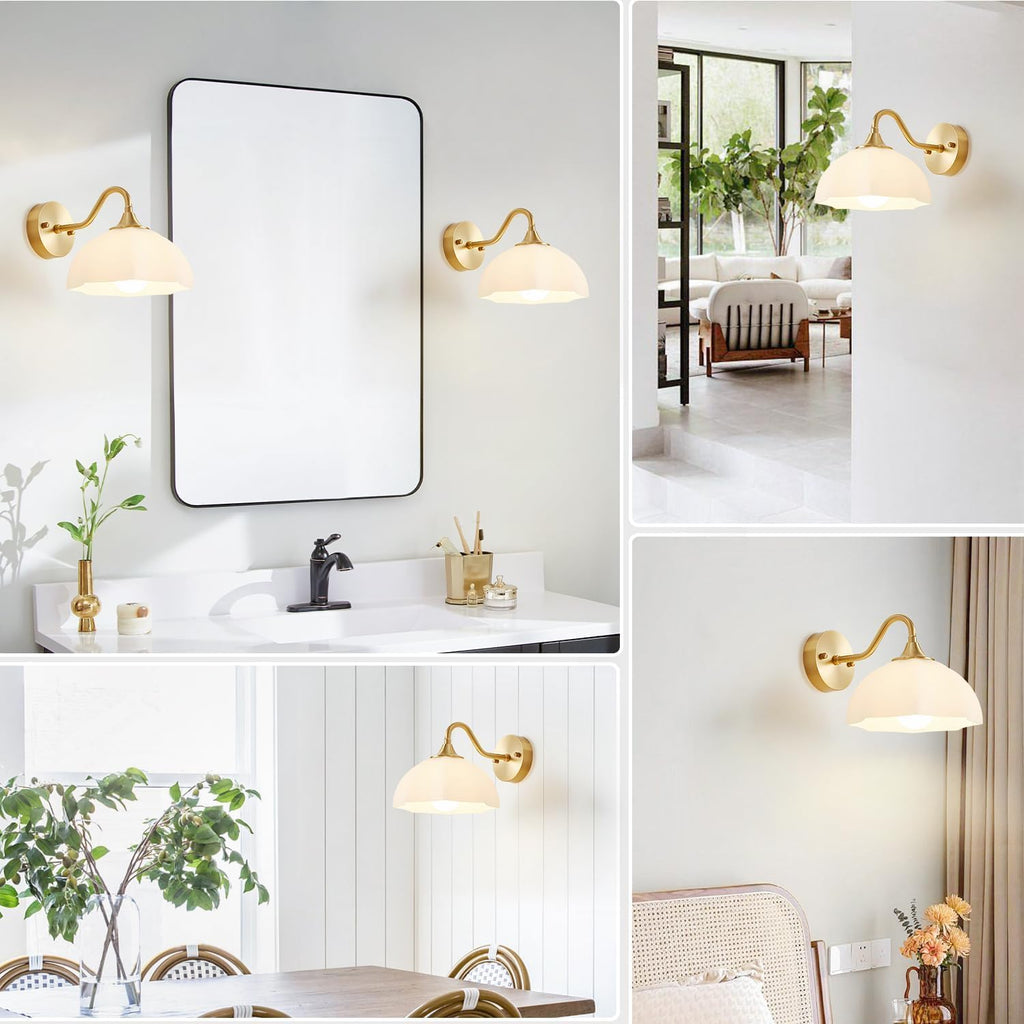 Gold Wall Sconce Set of 2 Mid Century Modern Wall Mount Light Hardwired Sconces Wall Lighting with Milky White Glass Shade Indoor Bedside Sconces Wall Lamp for Living Room Hallway MWL02-2A