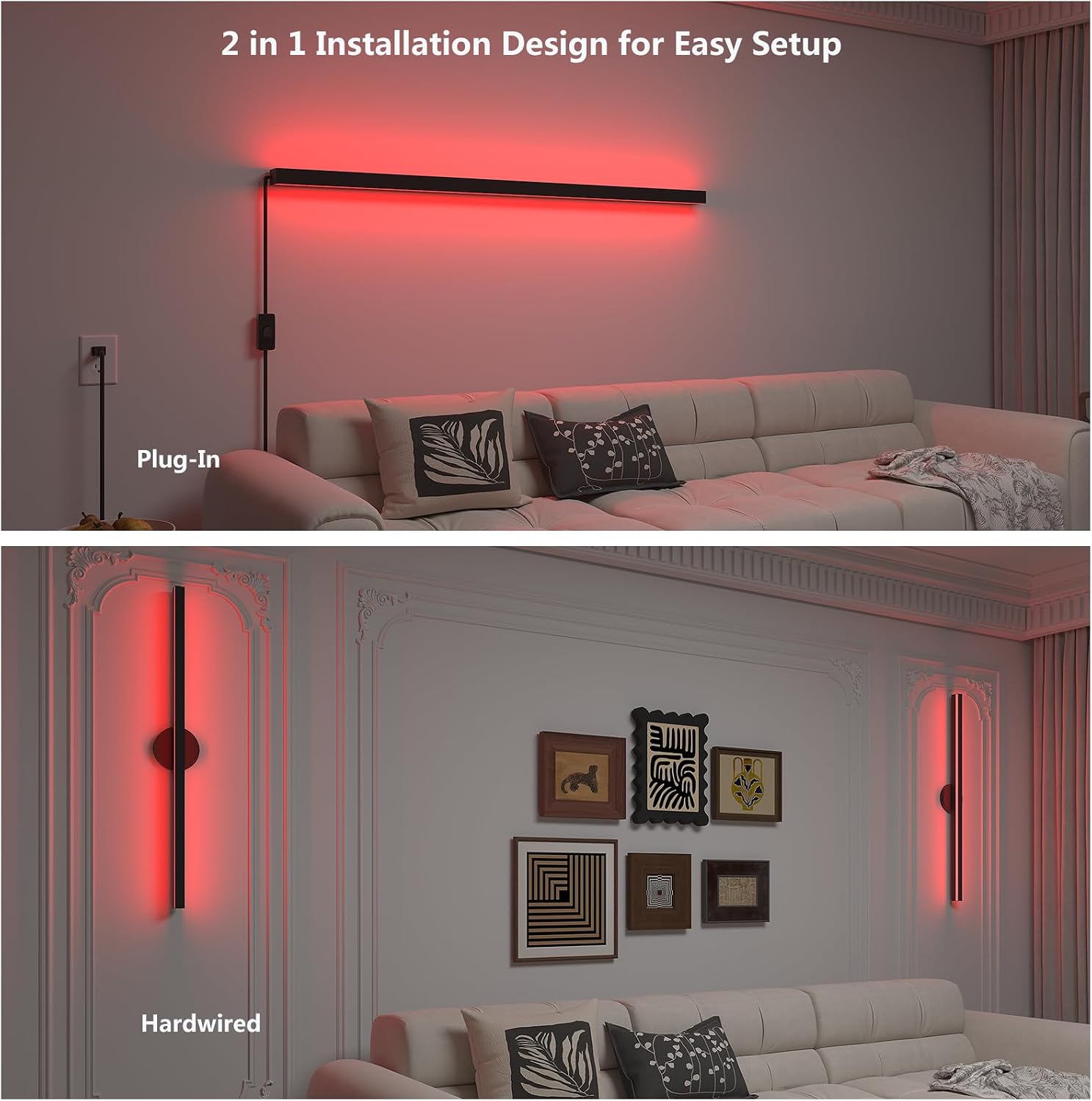 Smart Wall Sconces Set of 2, 35.4 In RGBCW LED Wall Lights Works with Alexa & Google Home, Plug-in or Hardwire Installation Wall Mount Lamp Dimmable for Bedroom, Living Room, Hallway Decor, Music Sync