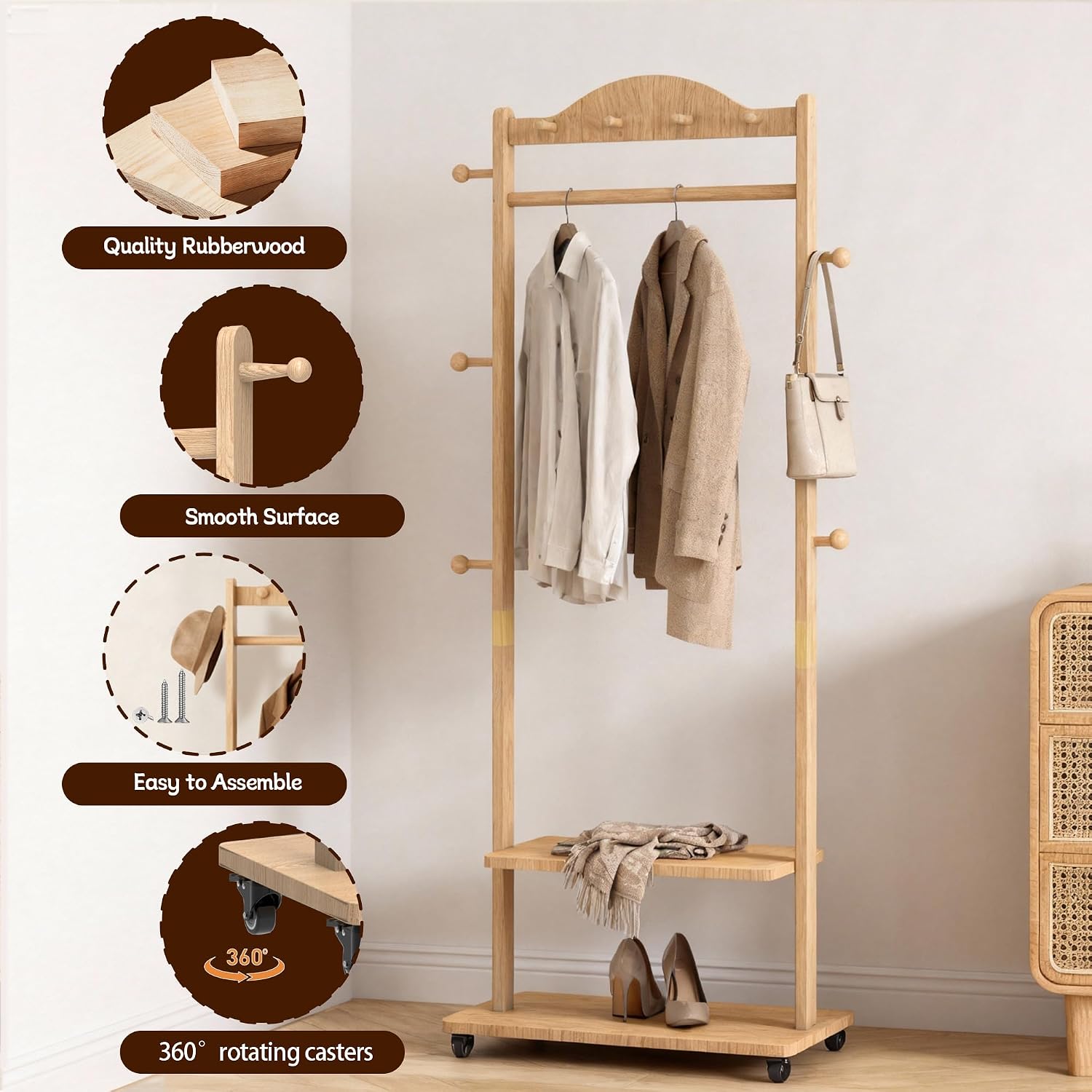High-Grade Rubber Wood Coat Rack, Easy To Assemble, With 9 side hooks,With 2 partitions, Mobile Rollers, Multifunctional Coat Rack Suitable for Suitable for hanging clothes, hats,storing shoes.