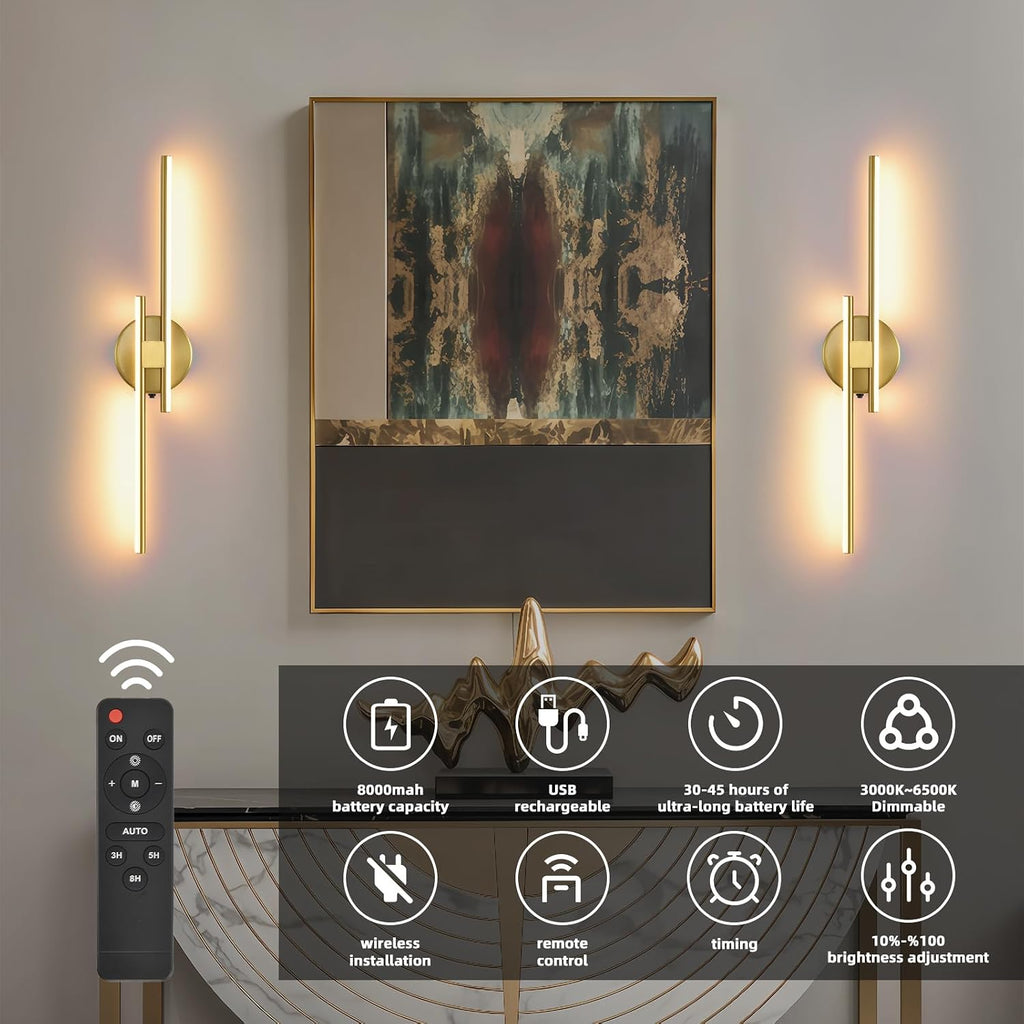 Battery Operated Wall Sconce Set of 2,Gold 23.6' 3000K-6500K LED Dimmable Wall Sconces with Remote Control,Wireless Wall Light USB Rechargeable for Bedroom Hallway Living Room Background Wall Lighting