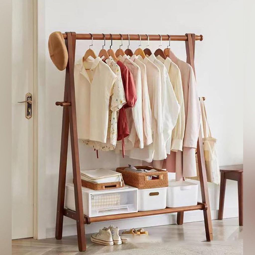 Bamboo Garment Rack Wood Garment Coat Clothes Hanging Heavy Duty Rack,Free Standing Coat Hanger Closet Organizer Storage Shelf for Hall Living Room Bedroom Office