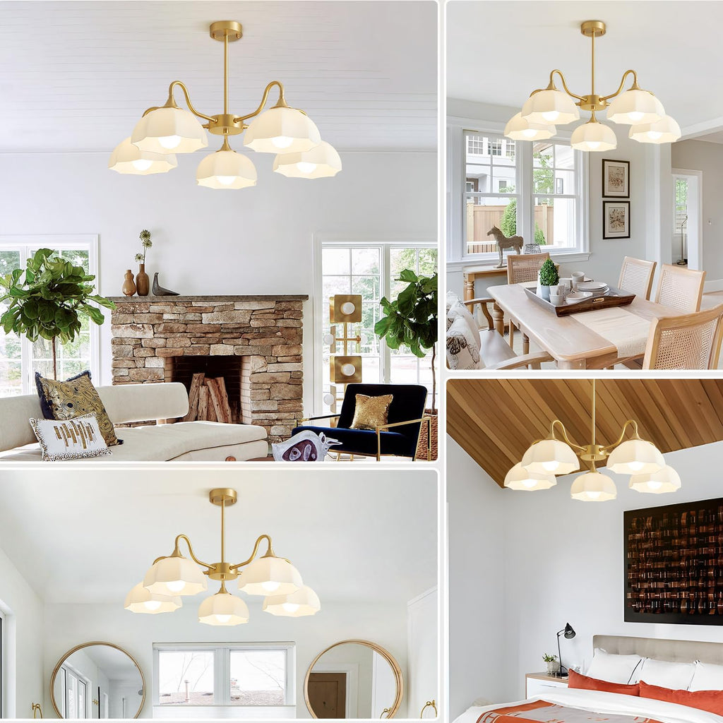 5 Light Modern Gold Chandelier Milk Glass Sputnik Pendant Light Mid Century Nordic White Ceramic Kitchen Island Hanging Lights Dining Room Lighting Fixtures Over Table Chandelier MPL13-5 GD