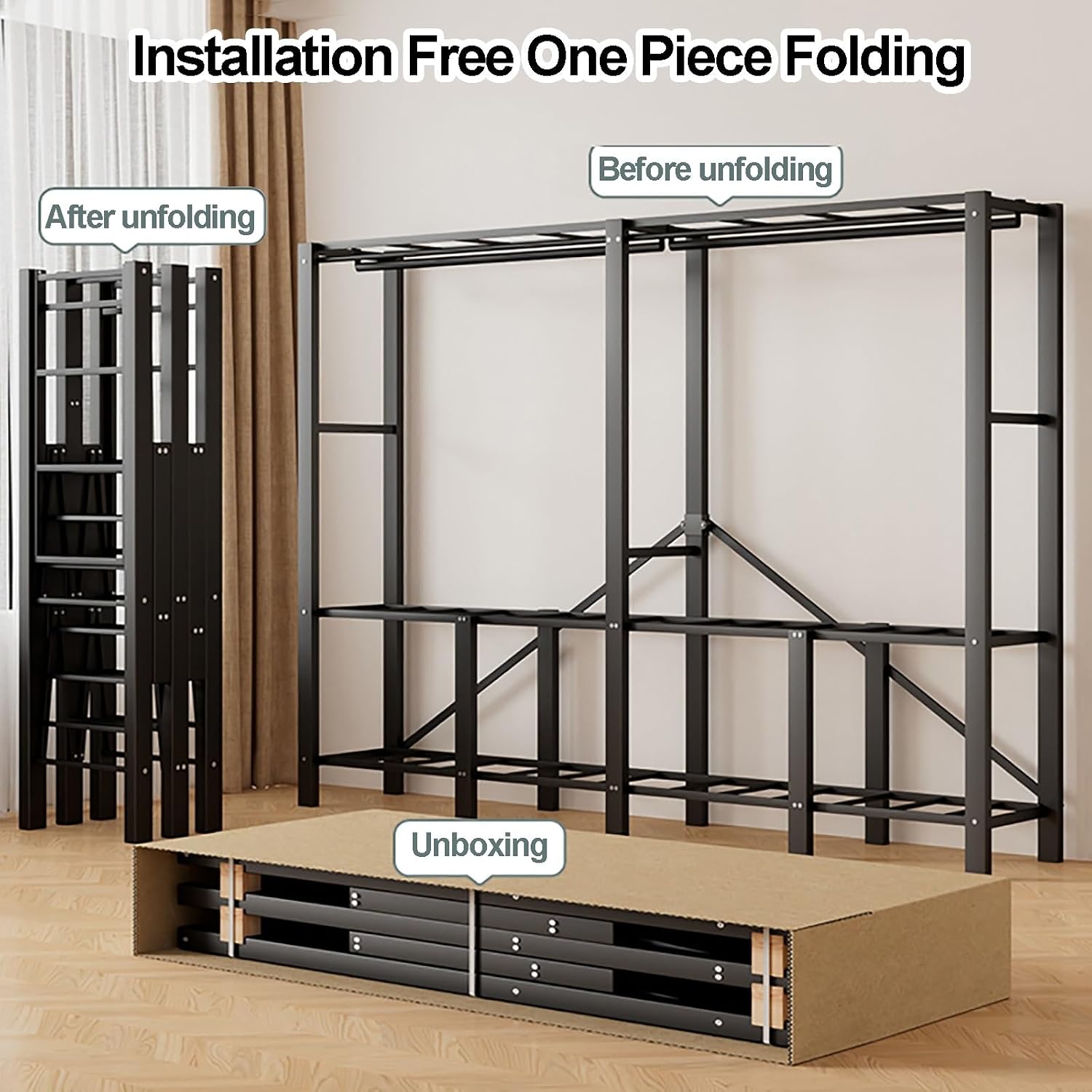 Portable Closet Wardrobe With Hanging Rods, Heavy Duty Clothing Rack With Fabric Cover, Metal Closet Rack For Hanging Clothes, Coat Storage Garment Racks(E,168CM/66.1INCH)