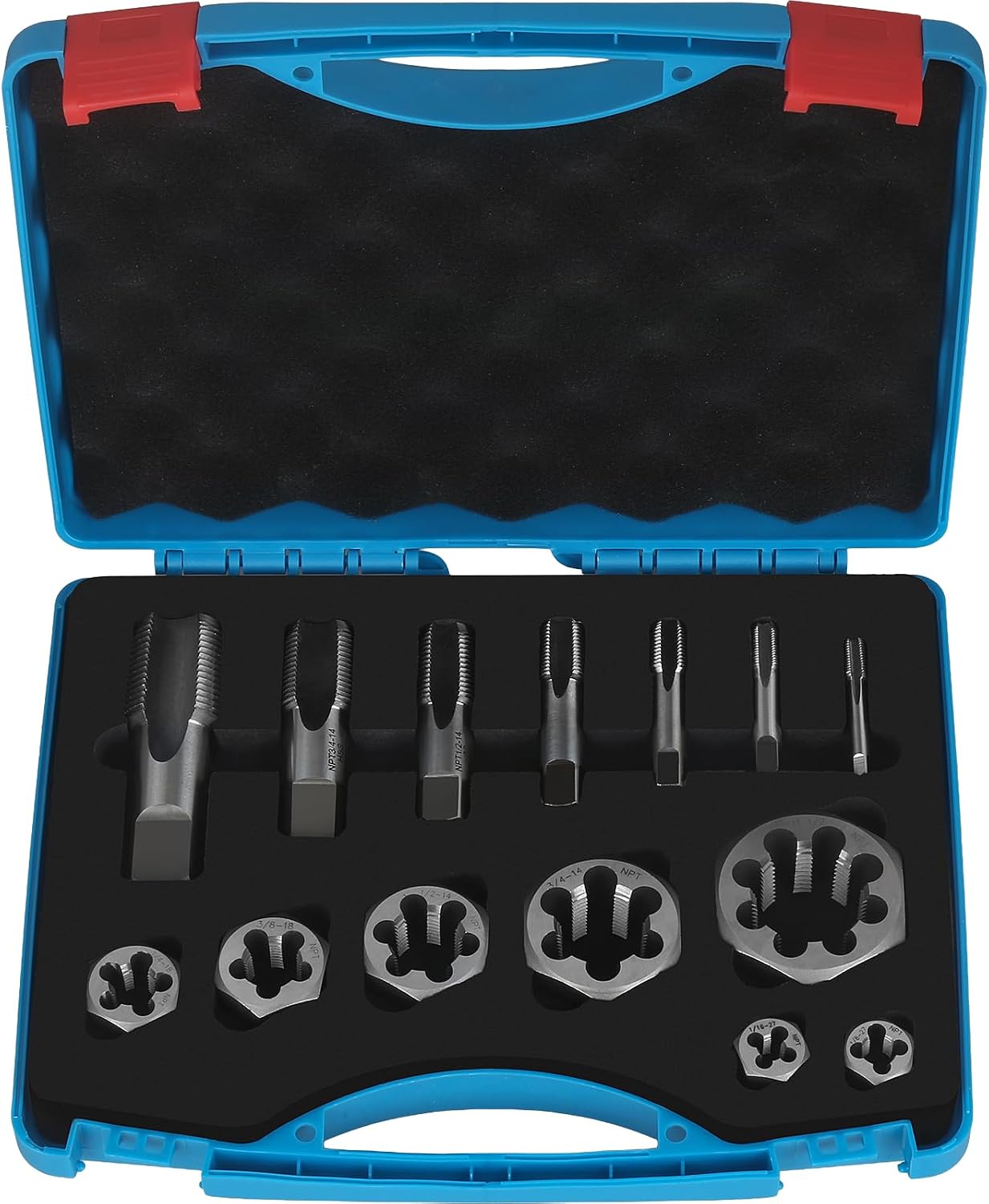 NPT Pipe Tap and Die Set 1/16', 1/8', 1/4', 3/8', 1/2', 3/4' and 1', Rethreading High Speed Steel Taper Taps and Carbon Steel Hex Dies with Portable Blue Storage Box (14 Pcs)
