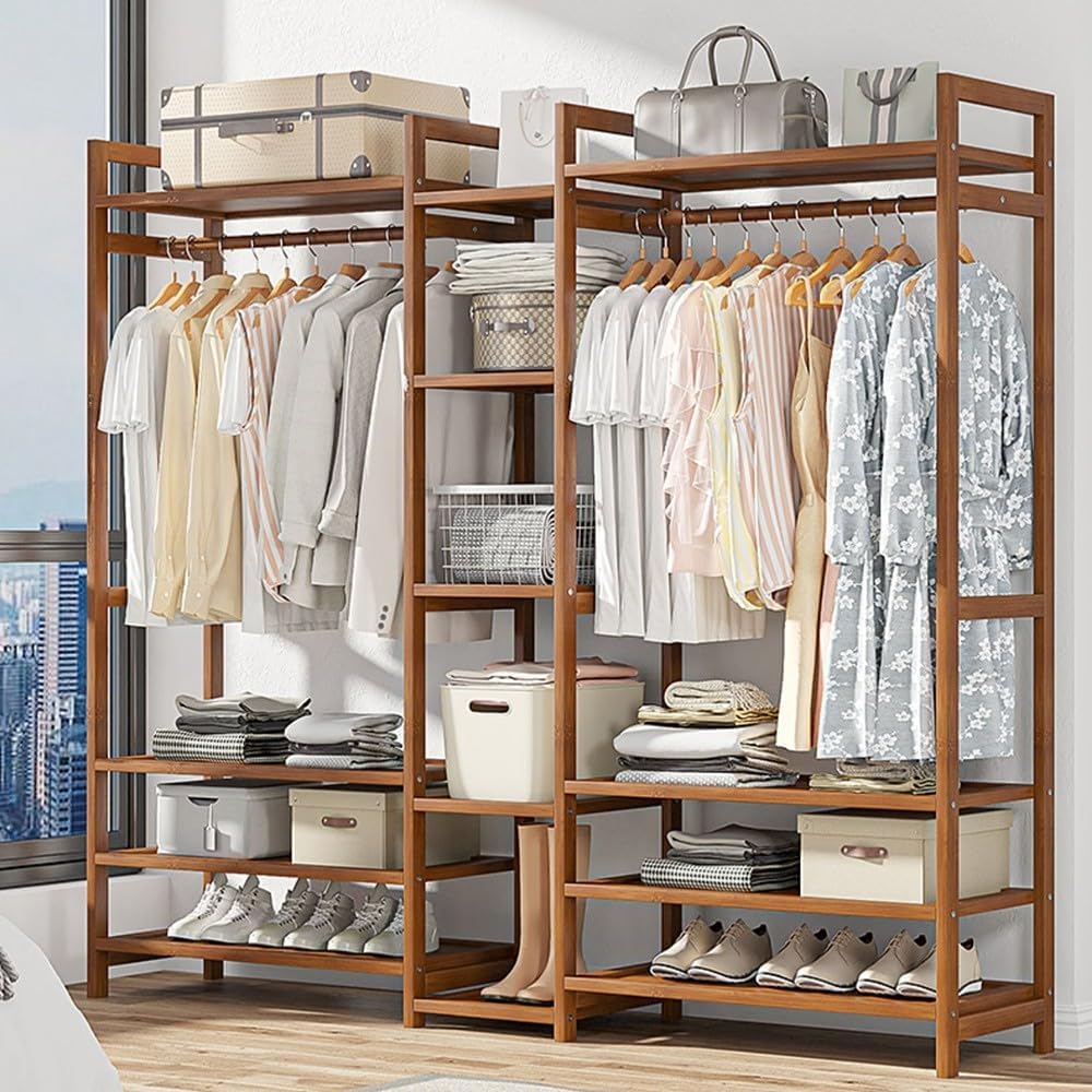 Bamboo Clothes Rail with Hanging Rod 2 Shelves and Hooks Freestanding Coat Garment Rack for Bedroom and Hallway Natural Wood nizer for Clothing Storage