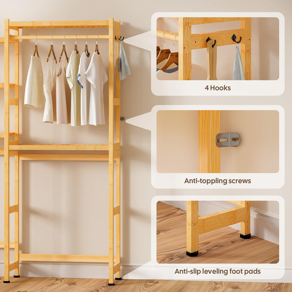 Cozivolife Over The Washer and Dryer Storage Shelf Bamboo,5 Tiers Laundry Room Drying Rack with Adjustable Shelves and 4 Hooks,Space Saver Organizer for Hanging Clothes and Towels (Natural)