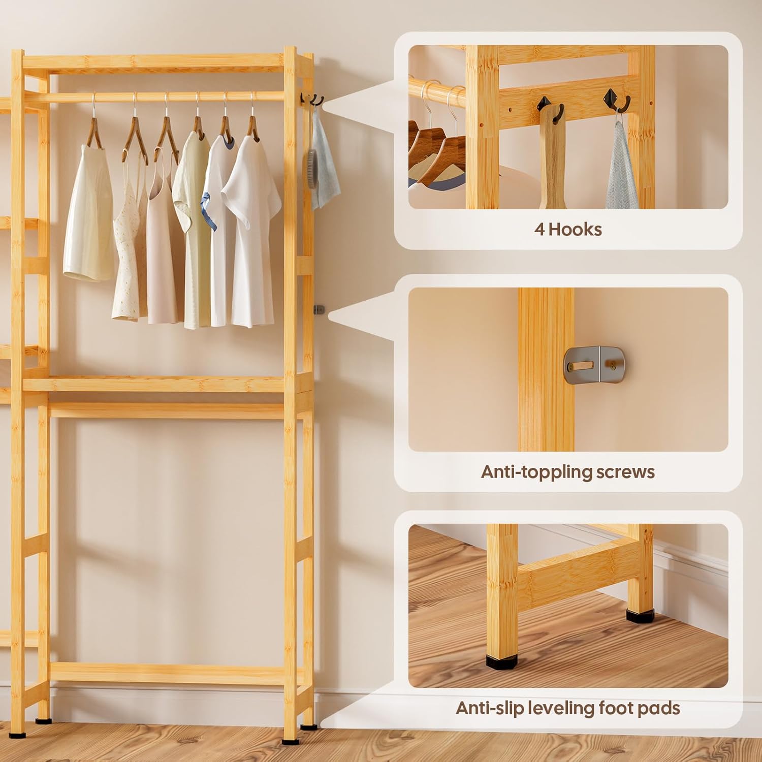 Cozivolife Over The Washer and Dryer Storage Shelf Bamboo,5 Tiers Laundry Room Drying Rack with Adjustable Shelves and 4 Hooks,Space Saver Organizer for Hanging Clothes and Towels (Natural)